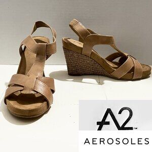 A2 by Aerosoles Tan Pleated Wedge Sandals | Slingback T-Strap | Size 8.5M | EUC